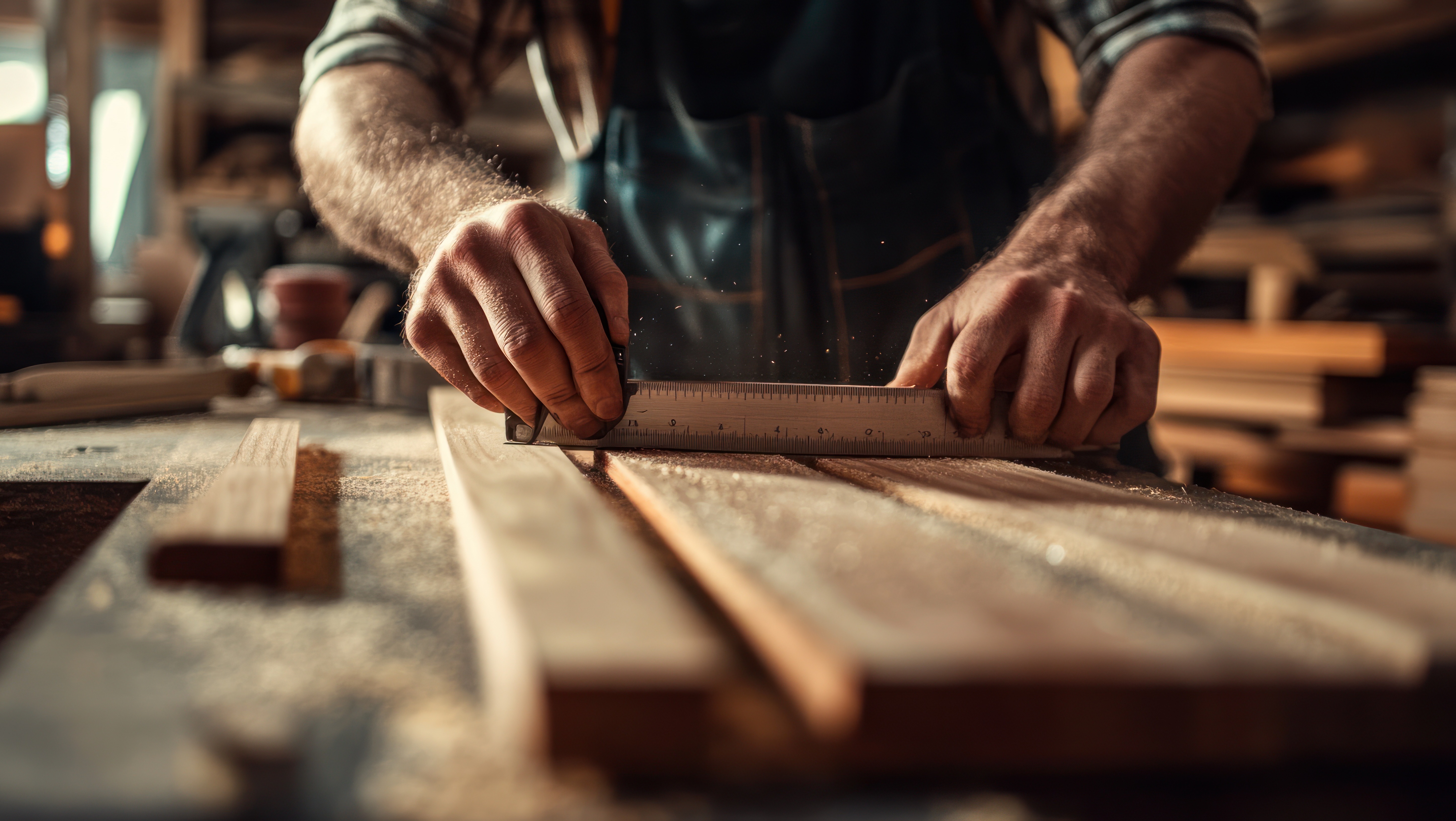 Close-up of a carpenterâ€™s hands measuring and cutting a wooden plank with a saw, surrounded by woodworking tools in a workshop setting, showcasing the detailed process of wood installation