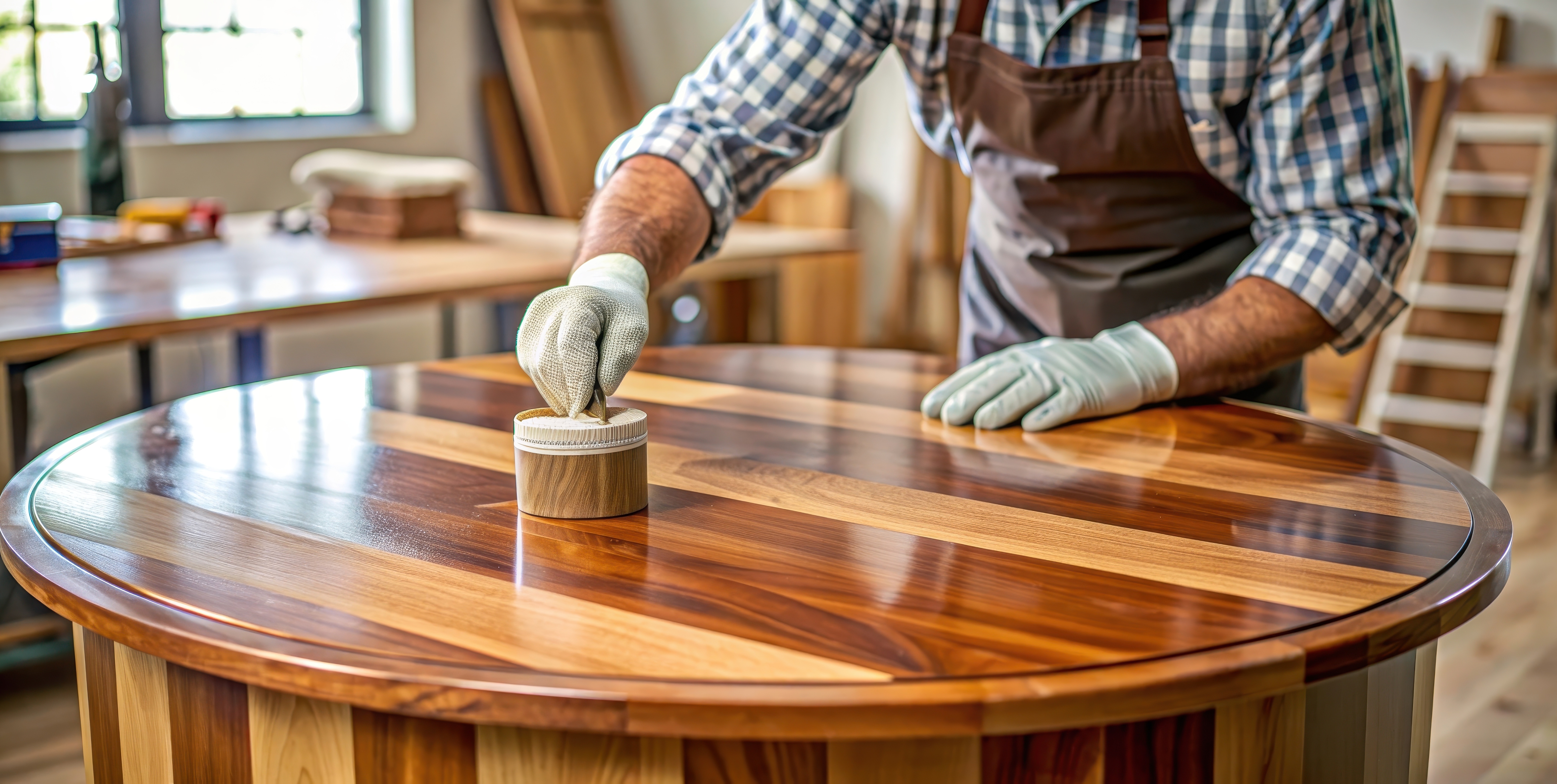 Close-up of a furniture maker varnishing a wooden table, finishing, carpentry, woodwork, craftsmanship, handcrafting