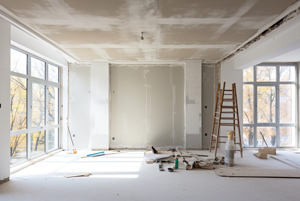The construction project includes the installation of plasterboard, specifically for gypsum walls, in an apartment that is undergoing various processes such as construction, remodeling, renovation